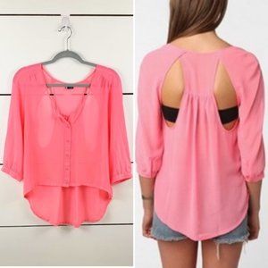 UO SPARKLE & FADE Open Back Sheer High Low Blouse Hot Pink Size Medium 100% Poly
